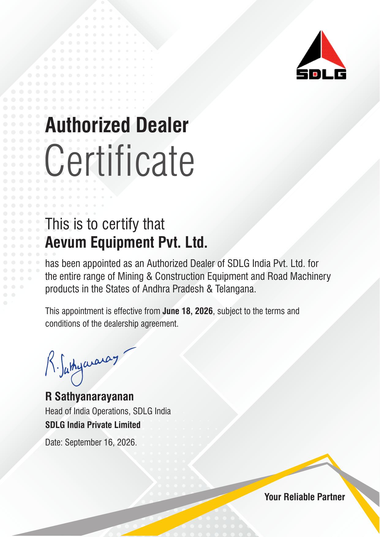 Certificate of appointment for SDLG India Appoints Aevum Equipment Pvt. Ltd. as Authorized Dealer for Andhra Pradesh & Telangana