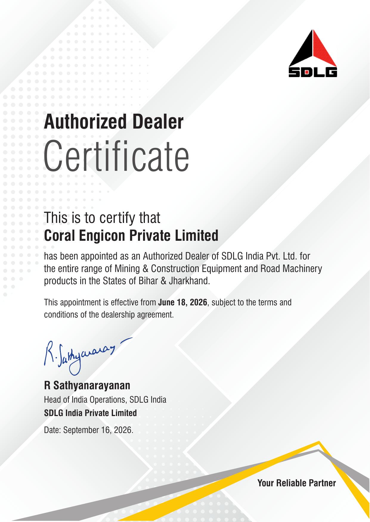 Certificate of appointment for SDLG India Appoints Coral Engicon Private Limited as Authorized Dealer for Jharkhand & Bihar