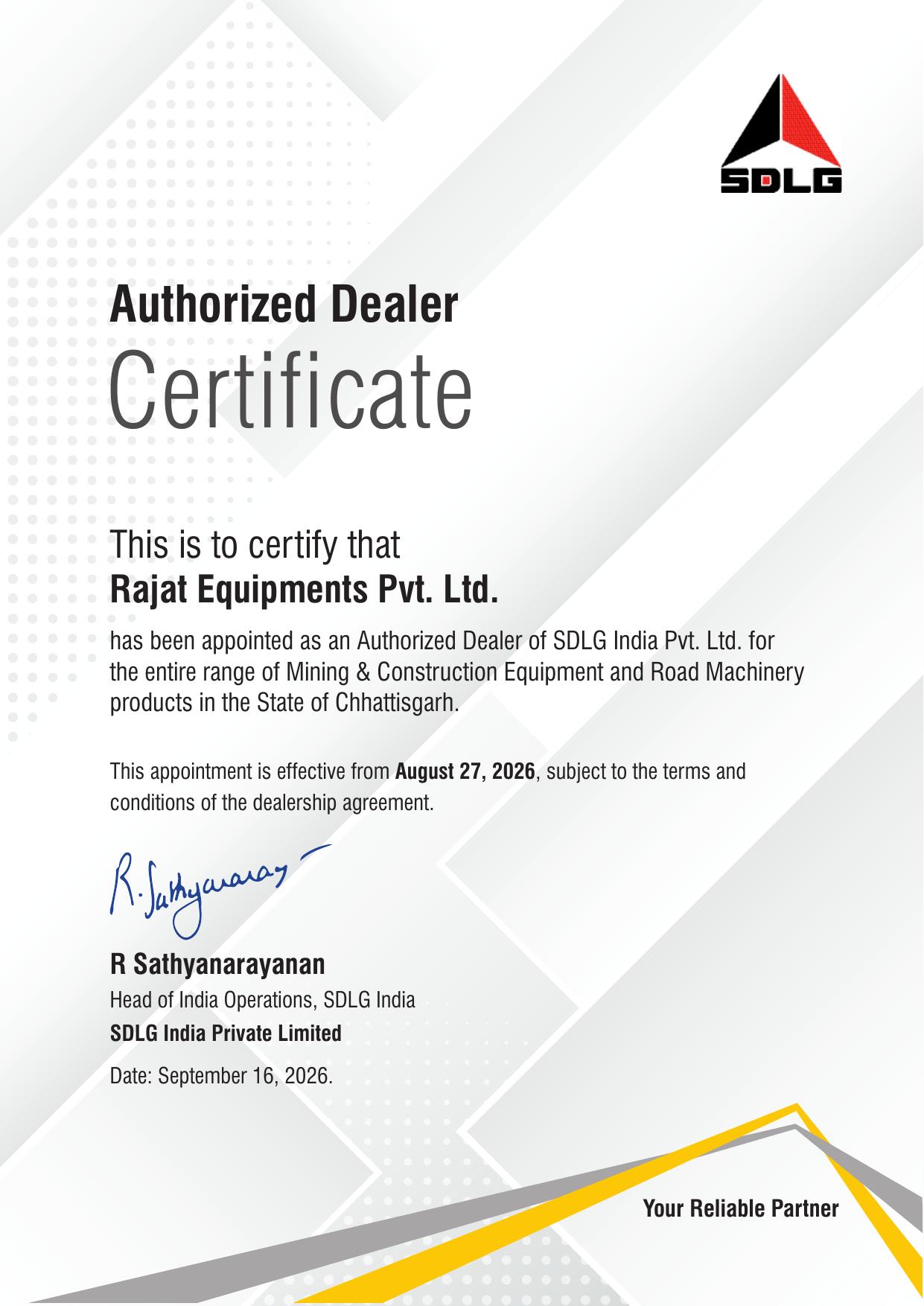 Certificate of appointment for SDLG India Appoints Rajat Equipments Pvt. Ltd. as Authorized Dealer for Chhattisgarh