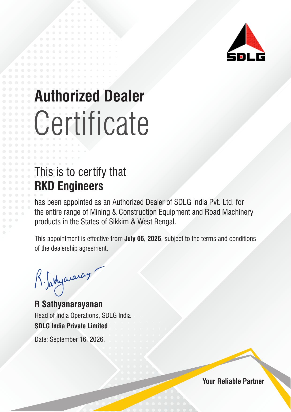Certificate of appointment for SDLG India Appoints RKD Engineers as Authorized Dealer for West Bengal, Sikkim & Bhutan