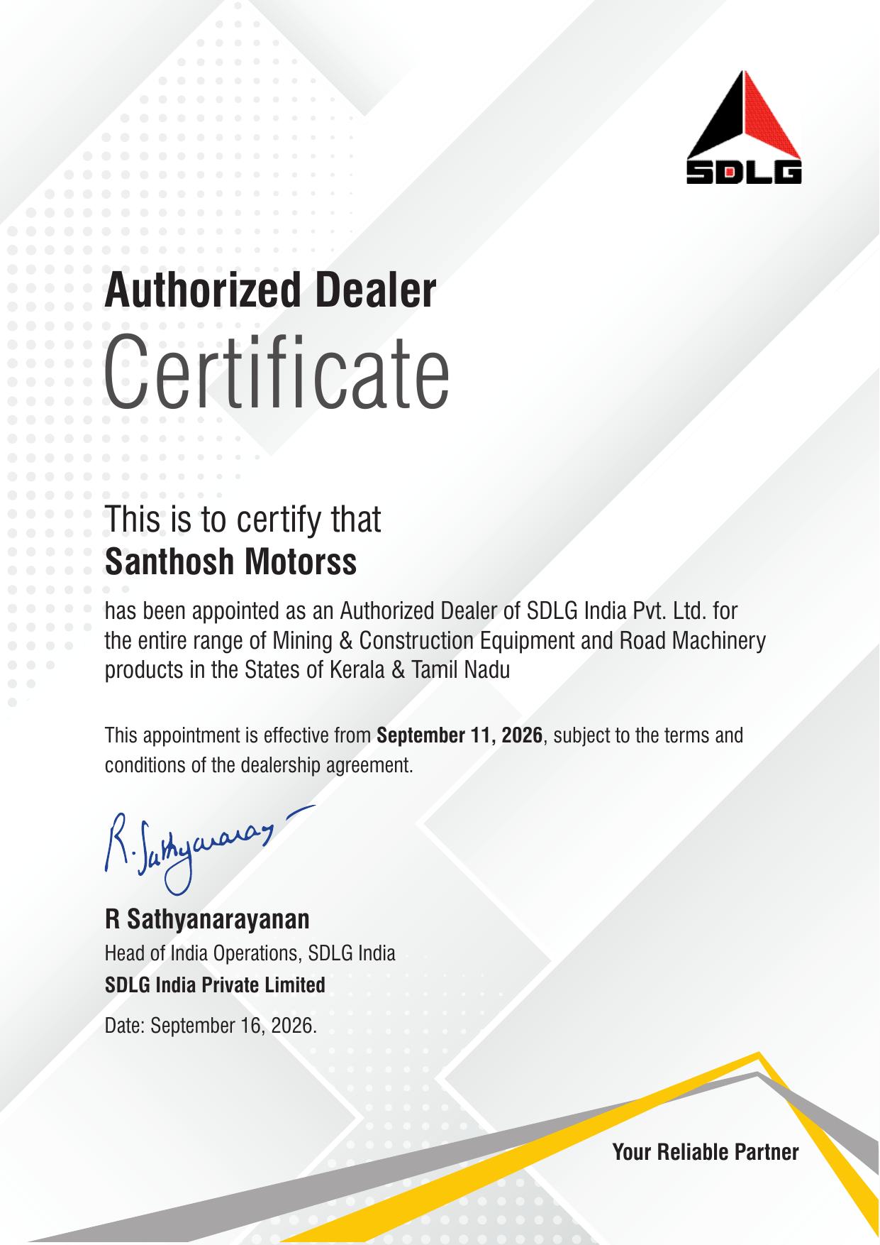 Certificate of appointment for SDLG India Appoints Santhosh Motorss as Authorized Dealer for Tamil Nadu, Kerala, Puducherry, Andaman & Nicobar Islands and Lakshadweep