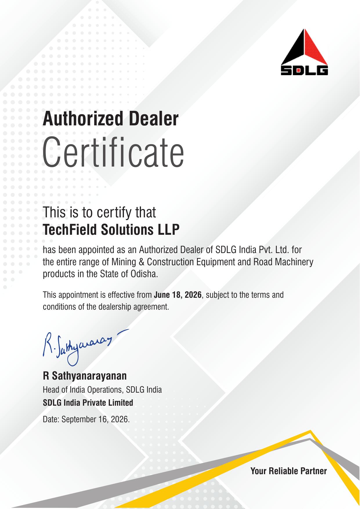 Certificate of appointment for SDLG India Appoints Techfield Solutions LLP as Authorized Dealer for Odisha