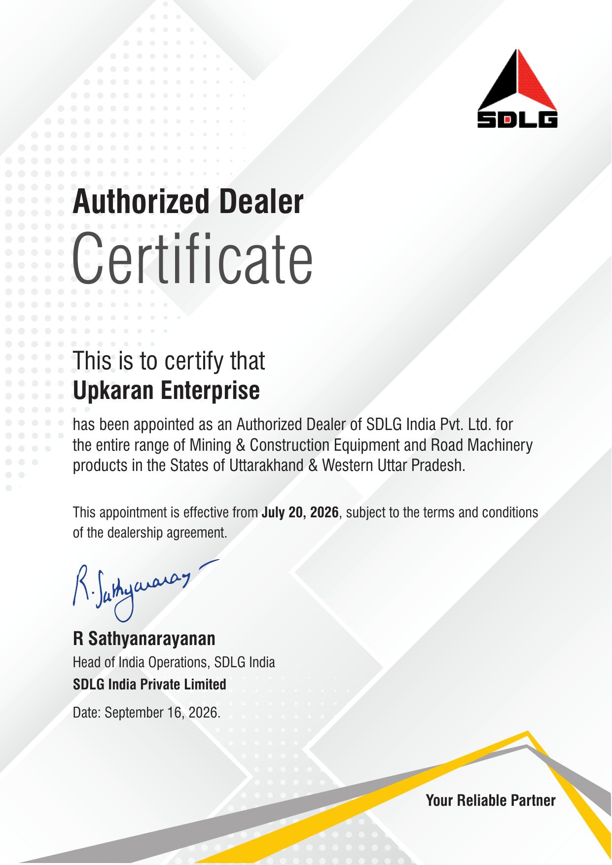 Certificate of appointment for SDLG India Appoints Upkaran Enterprises as Authorized Dealer for Uttarakhand & Western Uttar Pradesh
