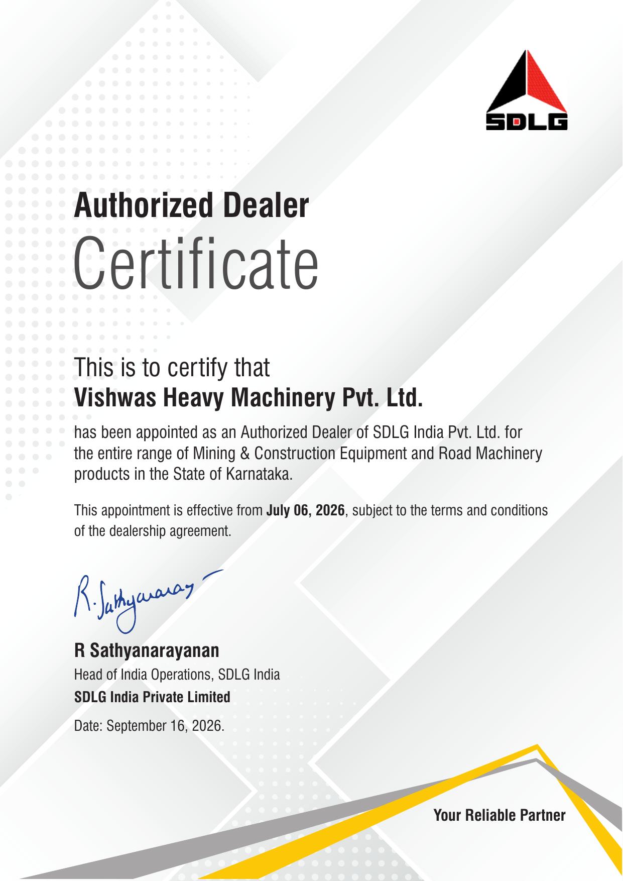 Certificate of appointment for SDLG India Appoints Vishwas Heavy Machinery Private Limited as Authorized Dealer for Karnataka