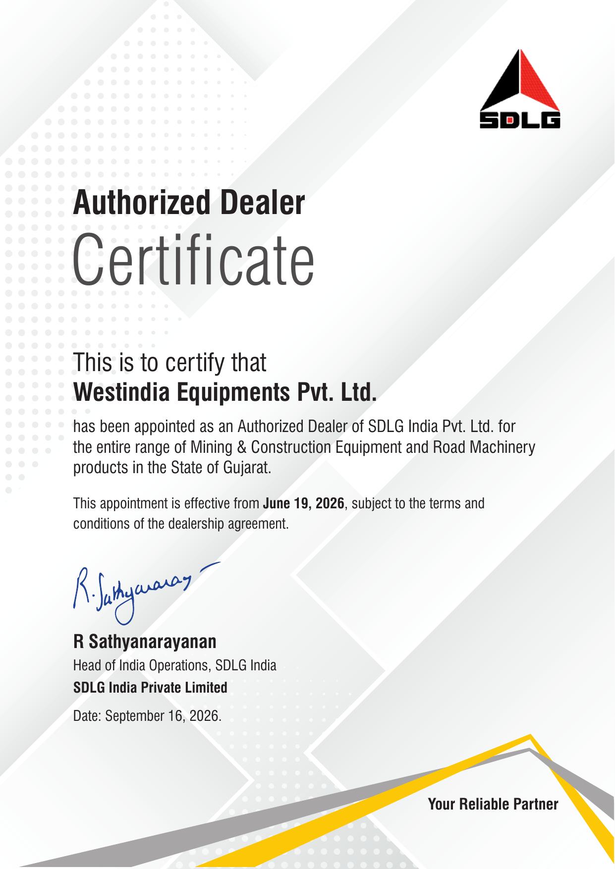 Certificate of appointment for SDLG India Appoints Westindia Equipments Pvt. Ltd. as Authorized Dealer for Gujarat